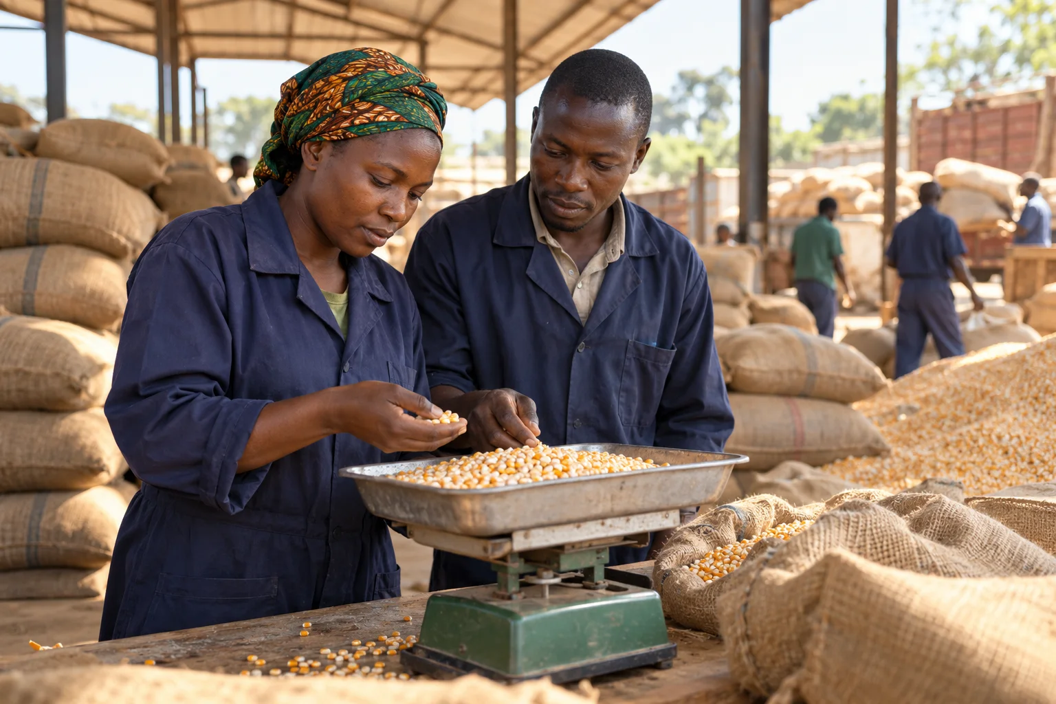 Ugandan commodity hub workers inspecting freshly delivered maize